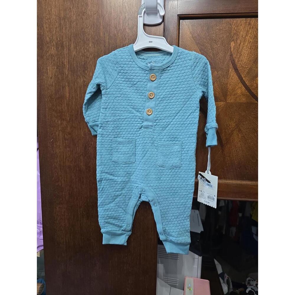 cloud island Light Blue Textured Baby Romper with Wooden Buttons